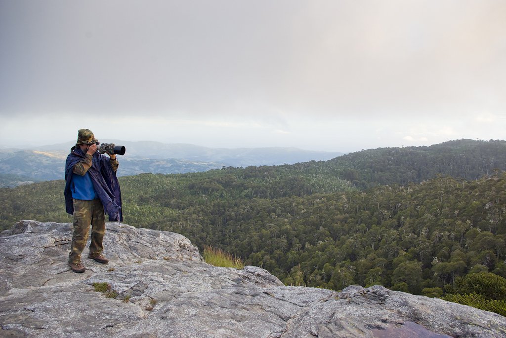 Juan Carlos Gedda fotografiando un paisaje boscoso desde un mirador rocoso